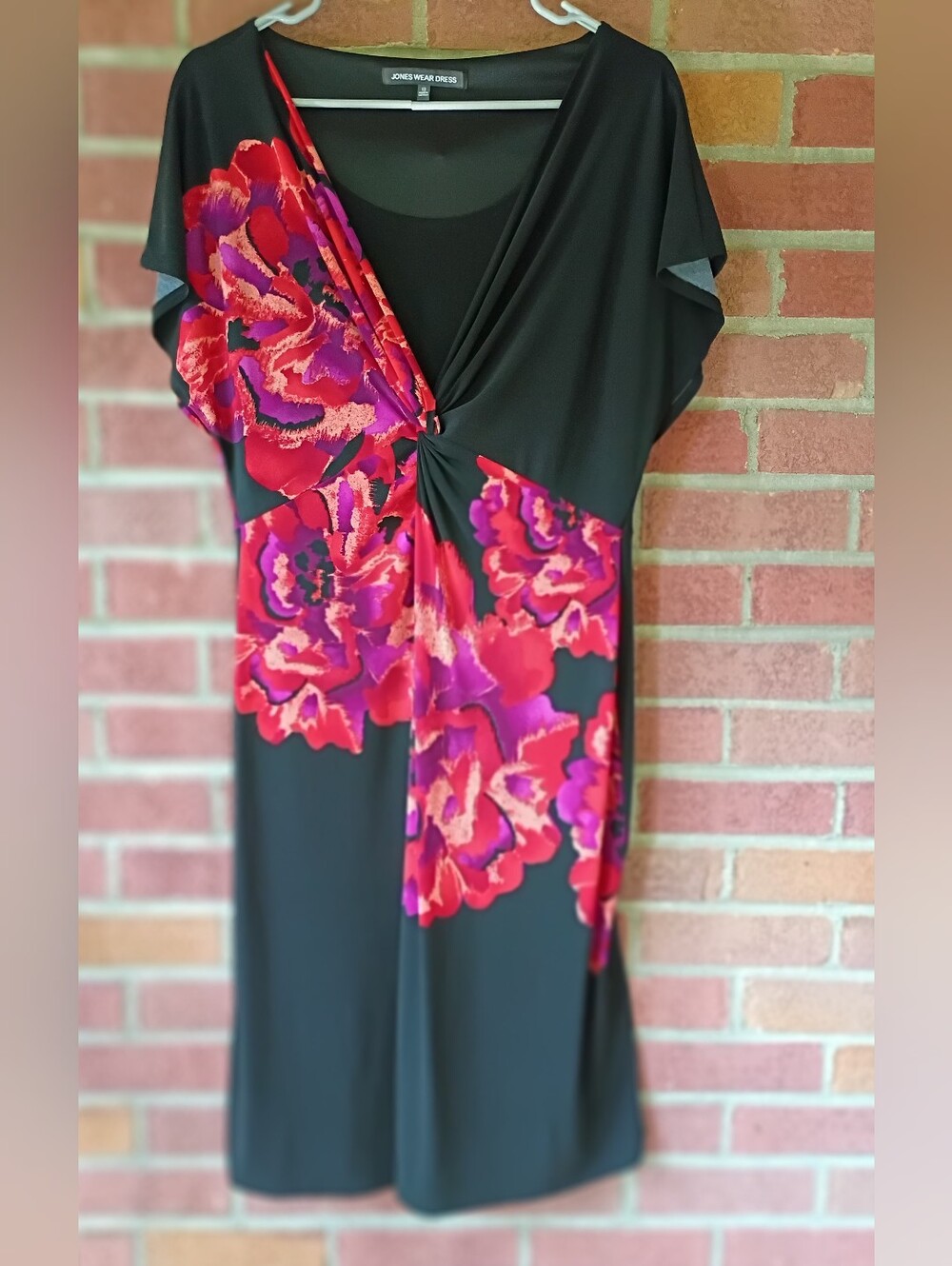 Jones Wear Black Midi Dress with Red & Purple Floral Accents